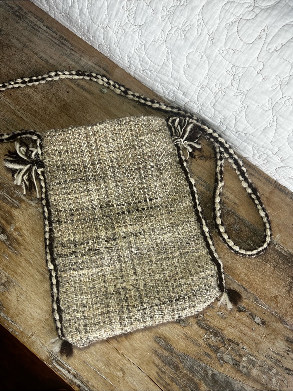 Handwoven Wool Crossbody Bag - Beige